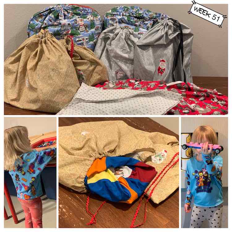Four images showing this week's sews. The top image shows all the gift bags (mostly filled) while the bottom center image shows a closeup of the two bags I used for last week's peppermint swirl dresses. I also sewed two LEGO® movie shirts that are shown by Zoey (left) and Ada (right). 