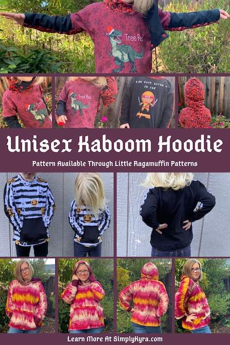 Pinterest image showing a mix of images of the Kaboom hoodies I sewed up. All images are also shown below. 
