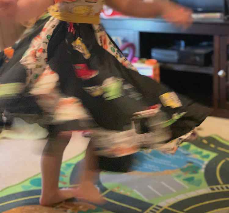 Closeup of the skirt as Ada twirls in our living room.