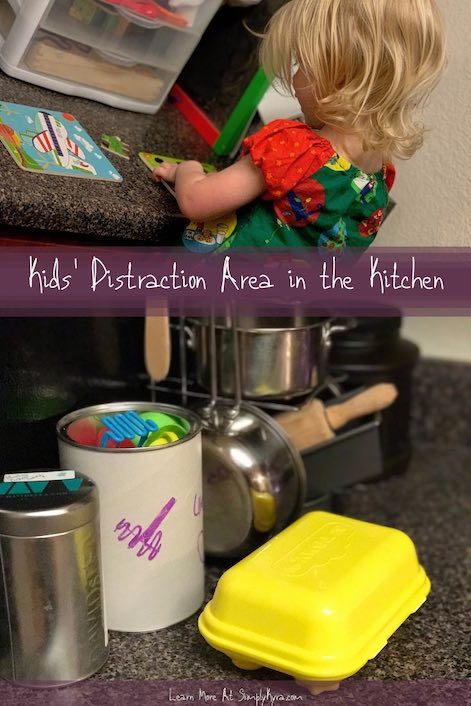 Pinterest image showing two images, both of which are shown below, so you see Zoey building a puzzle in the top and the kitchen setup I had for Ada.