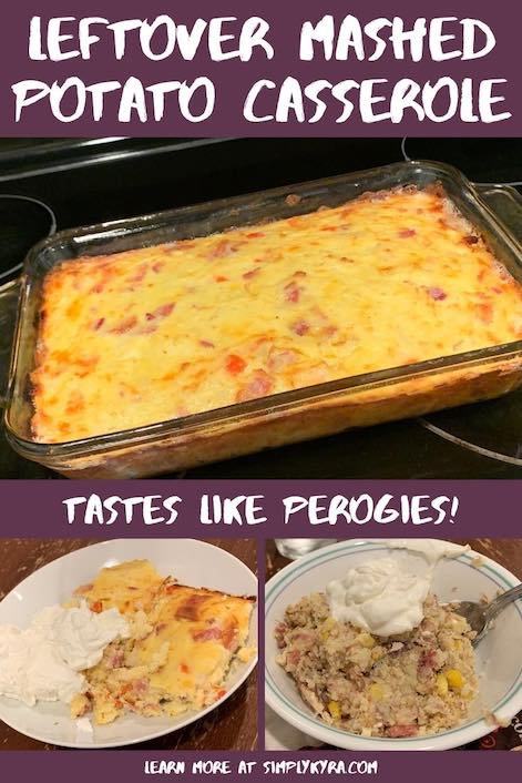 Pinterest image showing the casserole in the top image and two different platings of the leftover mashed potatoes below. The left image shows the casserole plating while the right images showcases the same idea cooked in a pot.