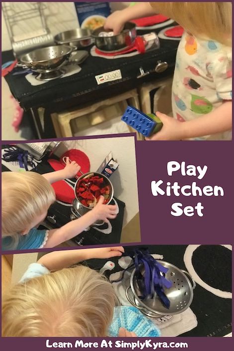 Pinterest image showing three photos of the girls playing with the kitchen set. All three images can be found below. The top image is Ada cooking plastic letters and Duplo. The middle and bottom images are Zoey playing with the kitchen set pouring tomatoes into the pot on the burner and washing the strainer. 