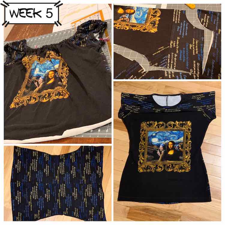 Image shows a collage of four distinct images along with text saying "week 5". The two larger images at the top left and bottom right corners show the first version of the top back from 2018 along with the finished garment this week. The upper right image shows the pattern piece cut from my squared up fabric and the bottom left image shows the back of the shirt on it's side. 
