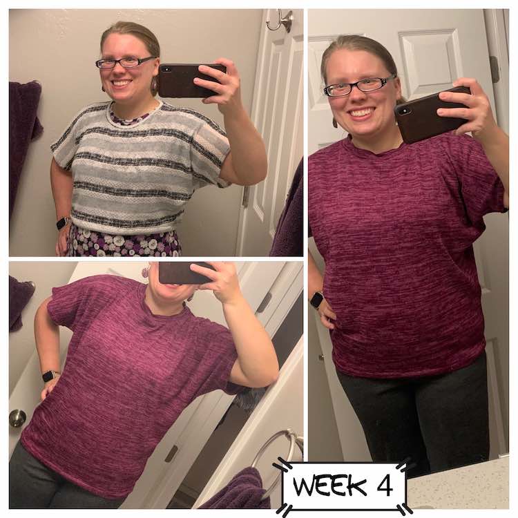 Image shows a collage of three images and a label saying "week 4". The right most image shows a closeup of my full length short sleeved sweater. On the left there's two images. The one on the bottom shows the same sweater as the right one while the image on the top shows a crop top grey and white stripped sweater over a purple flowered shirt. 