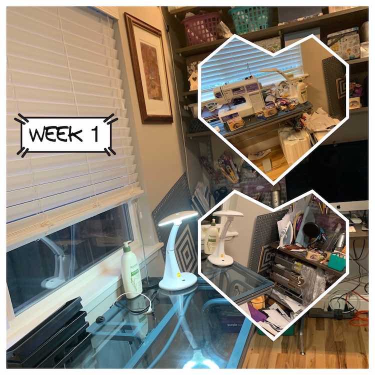Image shows a full square image of a cleaned sewing table with computer on a desk in the background. Overlaid is the caption "week 1" along with two heart shaped images to the right. The top image shows a messy sewing desk while the bottom image shows a messy floor and desk. 