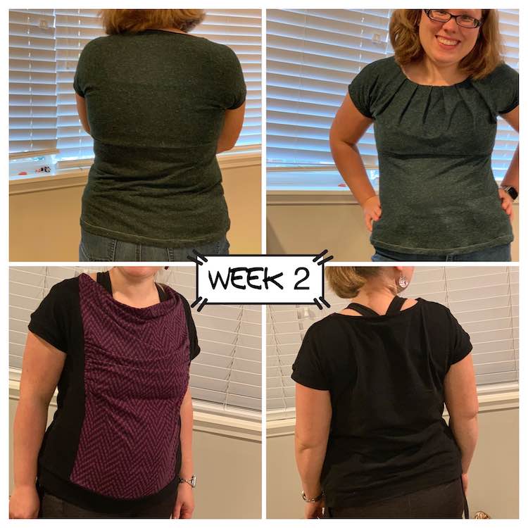 Image is a collage of four images with a label stating it's for week two in the center. The top two images shows a green t-shirt with pleats along the neckline at the front. The bottom two images shows a black banded tee with a front purple zigzag section in the front that is ruched and draped. 