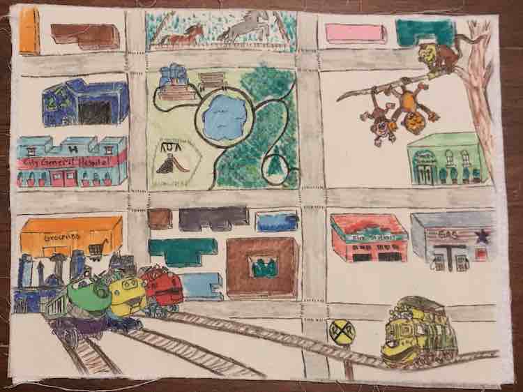 Zoey's quiet book page after adding the colors and fusing the page to the interfacing. I left the background uncolored so the buildings and roads would pop more from the background page. Love how the bottom three chuggers pop from the page in comparison with the other characters. 