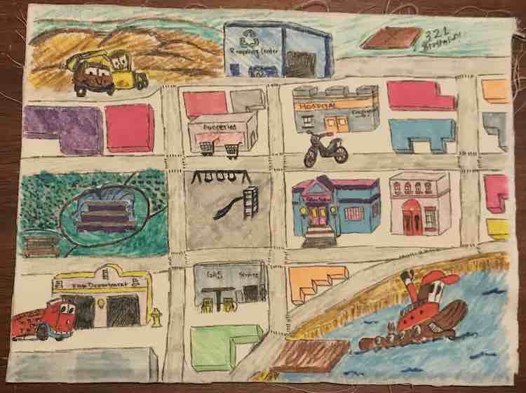 Ada's quiet book page after adding the colors and fusing the page to the interfacing. I left all the backgrounds plain to help the rest of the sections pop. I ended up liking those areas more than the playground and park which ended up being too busy with the grass and items in it.