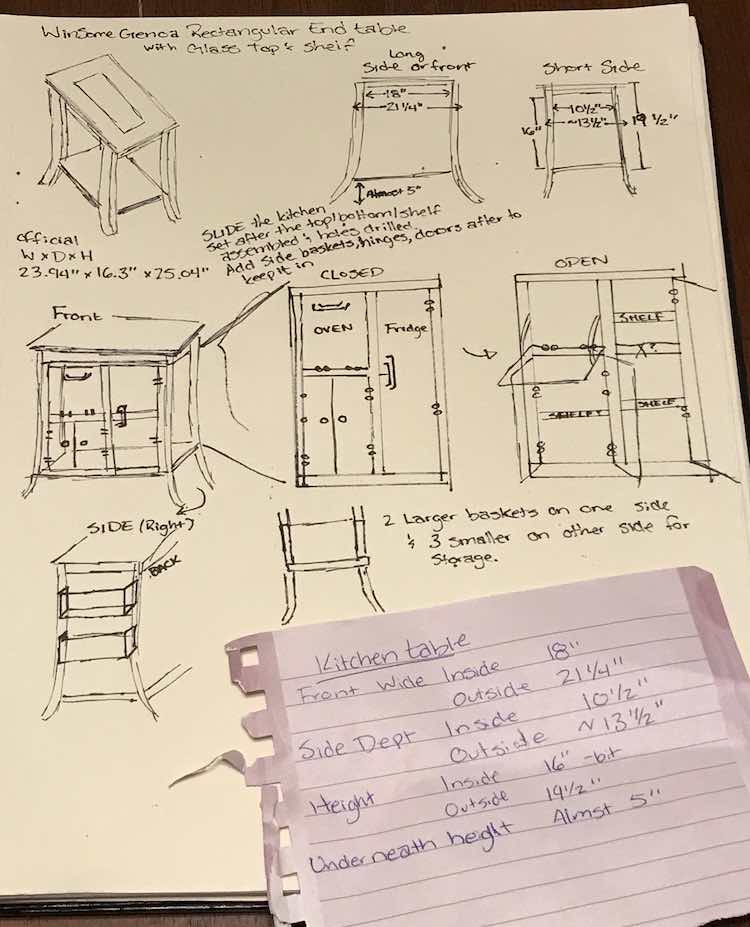 Paper showing diagrams of the end table appliances. Measured and a quick overview jotted down to help me start planning more later.
