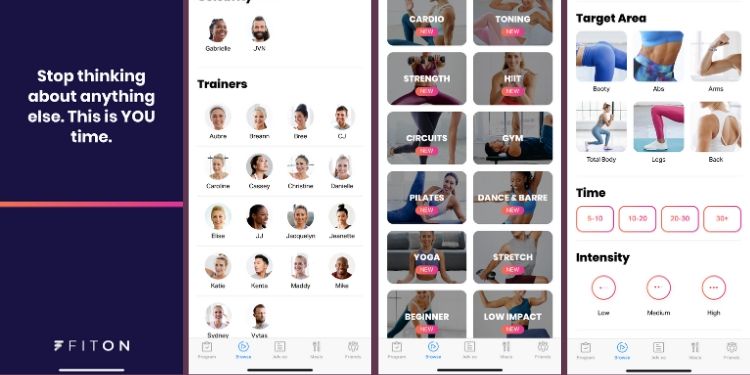 Image showing four screenshots of the FitOn app taken on March 2nd, 2020. First image (far left) shows the loading screen, second image shows the selection of trainers, third image shows most of the categories, and the fourth image (far right) shows the target areas, time lengths, and intensity level you can drill into.