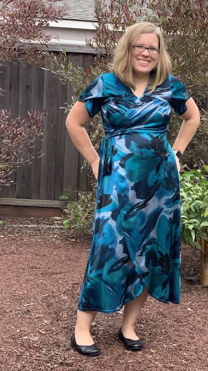 Front full view of the dress showing the curved front hem.