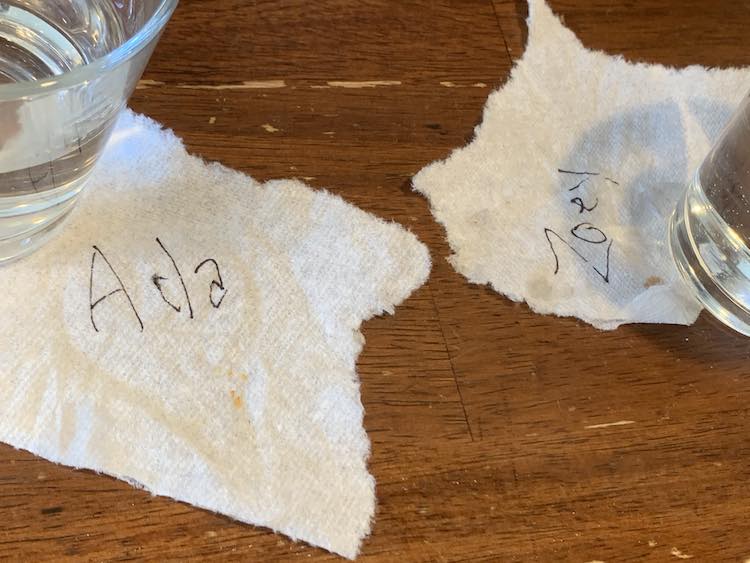 Closeup of the two scraps of paper towels with the girls' names on them. The two sides of the image show the water glasses holding down the paper towel.
