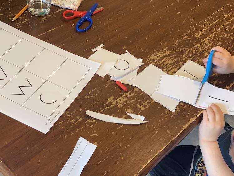 Closeup of the table showing the uncut sheet with the rectangles (blank or with a squiggle). Beside the sheet are cut out rectangles (from the other sheet) and scraps of paper. At the bottom right of the image Zoey is cutting along the lines to separate two of the rectangles.