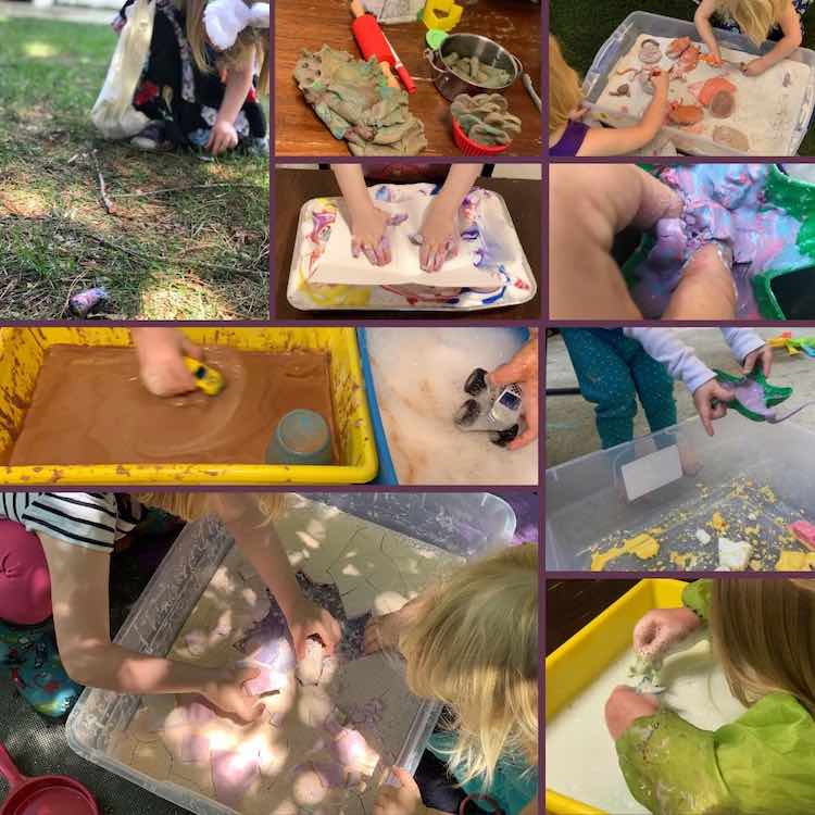 Collage of nine different images showing several different sensory play ideas. 