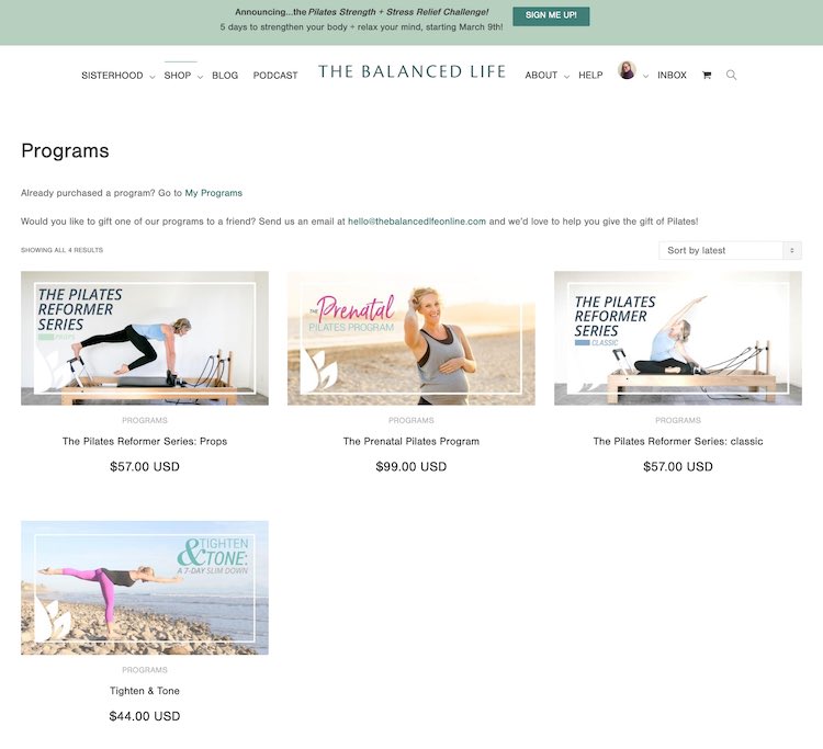 Screenshot of the program page on The Balanced Life website taken on March 2nd, 2020. This shows the currently available programs including The Pilates Reformer Series: Props, The Prenatal Pilates Program, The Pilates Reformer Series: classic, and Tighten & Tone. 