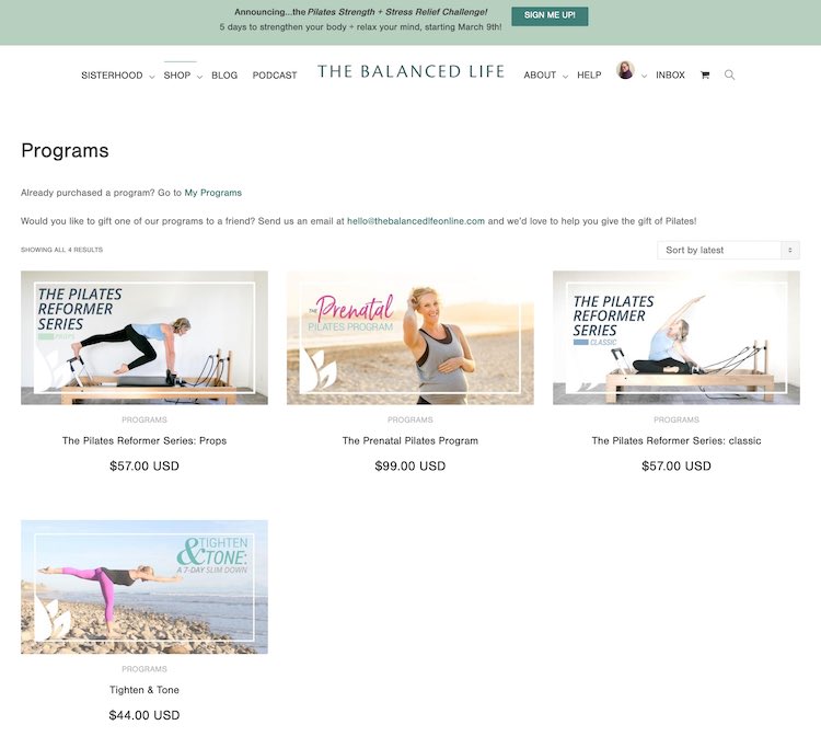 Screenshot of the program page on The Balanced Life website taken on March 2nd, 2020. This shows the currently available programs including The Pilates Reformer Series: Props, The Prenatal Pilates Program, The Pilates Reformer Series: classic, and Tighten & Tone.