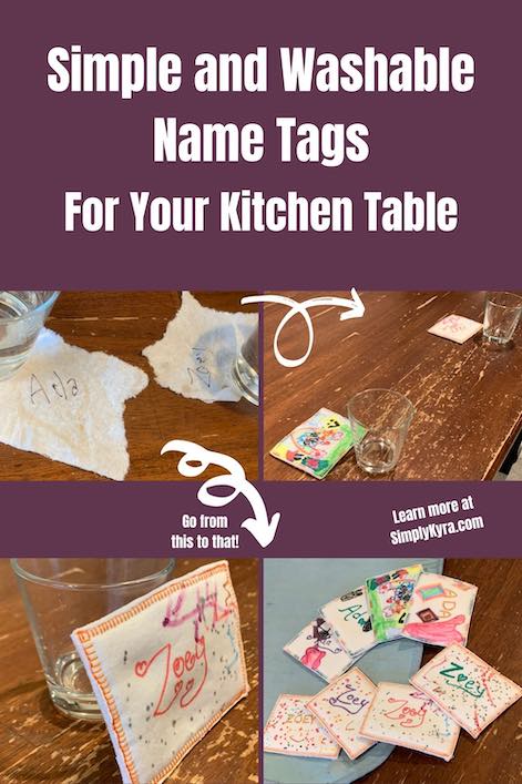 Pinterest image including the title of the blog post and four images that are also included down below. This shows the previously used paper towel scrap uses and three images of the final washable name tags.
