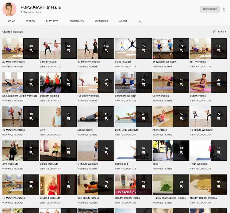 Wide range of playlists are shown each with 19 to 114 videos inside. They range from 20-Minute Workouts to Arm Workouts to Healthy Thanksgiving Recipes.