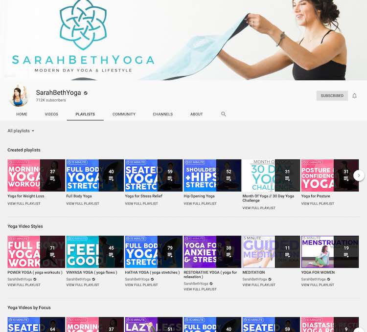 Screenshot of the Sarah Beth Yoga YouTube channel page showing her created playlists including yoga for weight loss, full body yoga, yoga for stress relief, yoga for posture, and many others. 