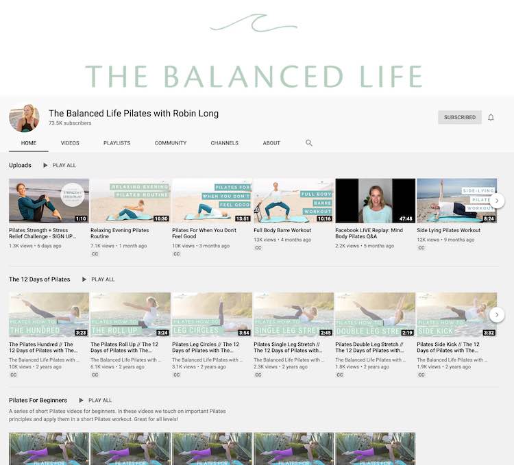 YouTube screenshot (taken on March 2nd, 2020) of The Balanced Life showing her recently uploaded videos, the 12 days of Pilates series, and her Pilates for beginners series.