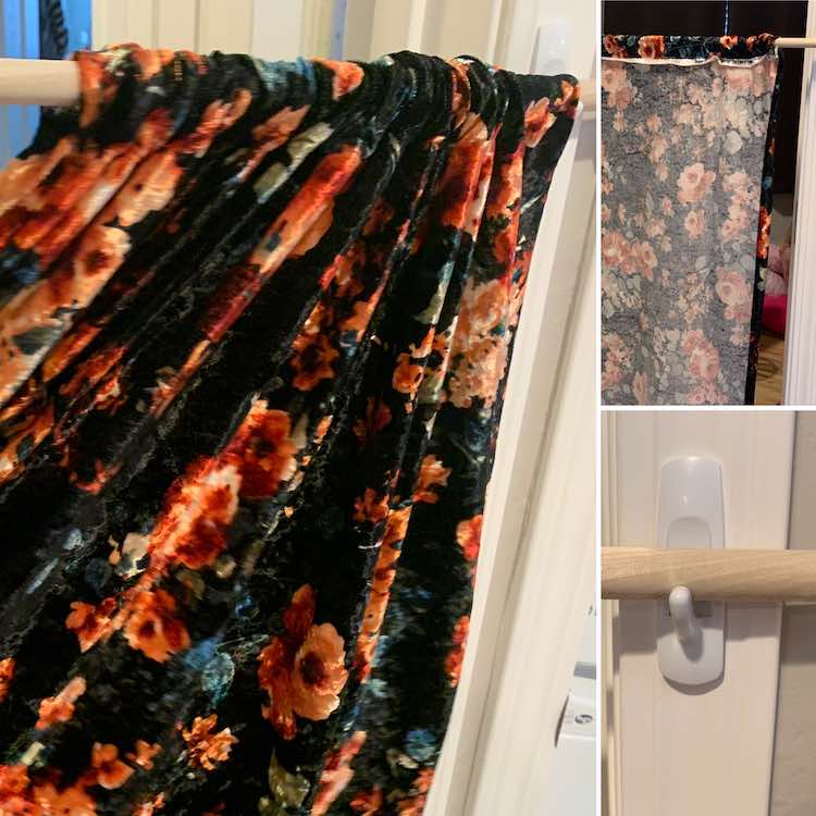 Image shows a collage of three photos and no text overlaid. The left and largest image shows a flowered curtain being pulled closed on a dowel. The top right image shows the back of the curtain and the bottom right image shows the dowel, holding up the curtain, set on the command hook. 