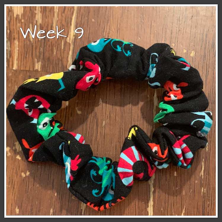 Image shows a black Scrunchie covered in squashed colorful monsters. It's laid over a brown table. The image is overlaid with the text "week 9" in white. The image is bordered in white and black. 