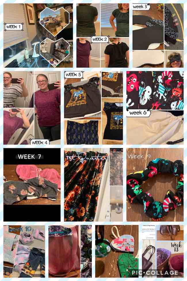 Image shows a collage containing all of the above images showing the first 13 weeks of completed sews for 2020. 