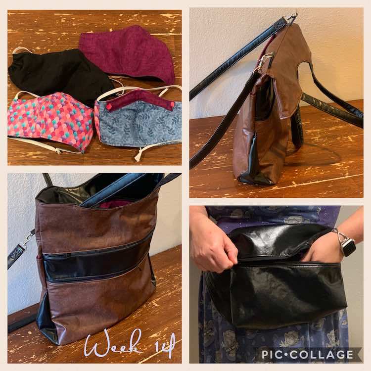 Image shows a collage of four photos include the text "week 14". The top right and bottom left images shows two different views of the Swoon Patterns Expedition Tote made with brown and black vinyl. The top left image shows four face masks including a channel for a pipe cleaner. The bottom right image shows a black shiny vinyl fanny pack. 