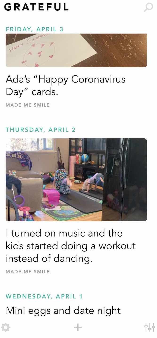Screenshot of my Grateful app showing things that 'made me smile'.