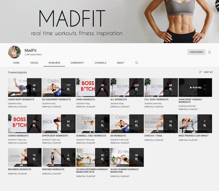 All the MadFit playlists are showing including no equipment, song workouts, fully body, and many others. 