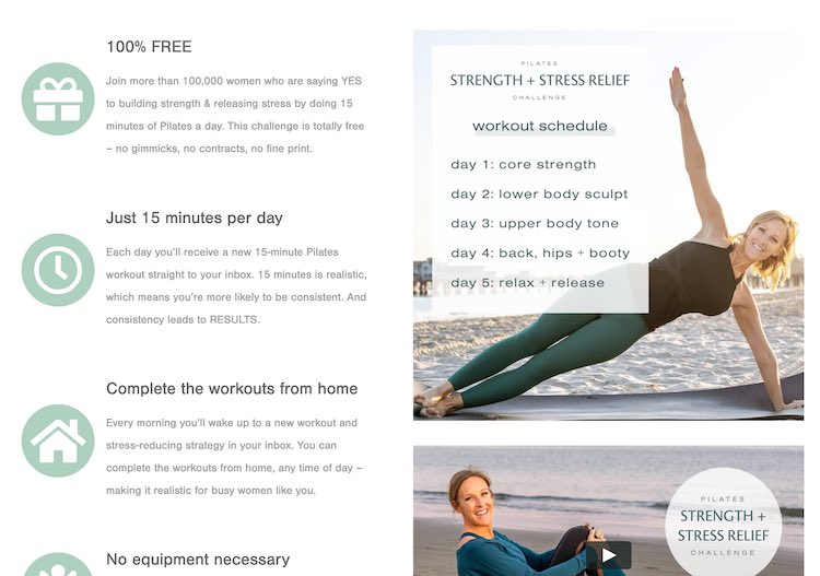 Screenshot of the Pilates Strength and Stress Relief Challenge signup page.