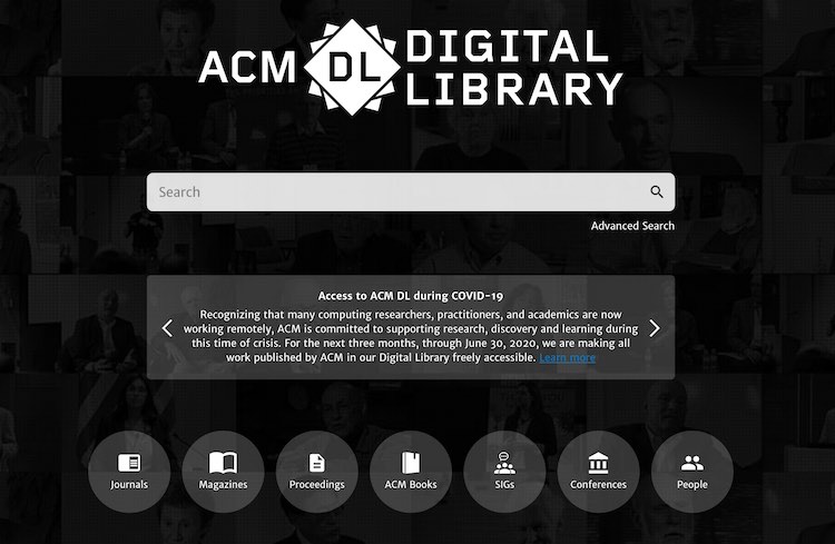 Screenshot of the ACM Digital Libary's homepage.