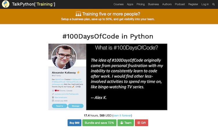 Screenshot of the TalkPython #100DaysOfCode in Python page.