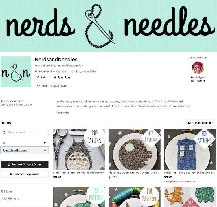 Screenshot of the Nerds & Needles Etsy page showing some of her amazing embroidery patterns. 