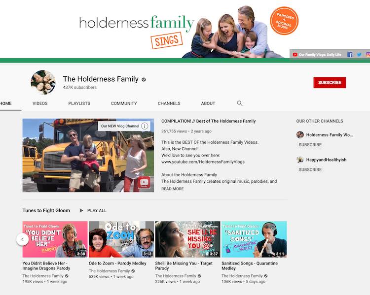 Screenshot of The Holderness Family's YouTube homepage.