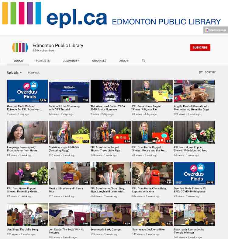 The first four rows (five across) of the Edmonton Public Library's videos hosted on YouTube.
