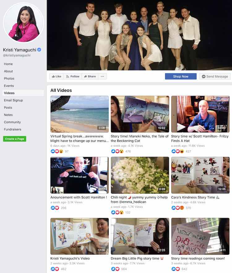 Screenshot showing Kristi Yamaguchi's nine most recent Facebook videos.