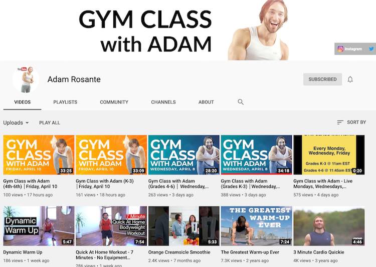 The video page on Adam Rosante's YouTube account showing the latest ten videos.