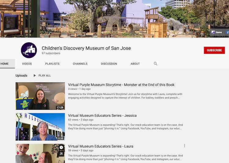 The YouTube homepage for the Children's Discovery Museum of San Jose showing their three most recent videos all within the last two days.