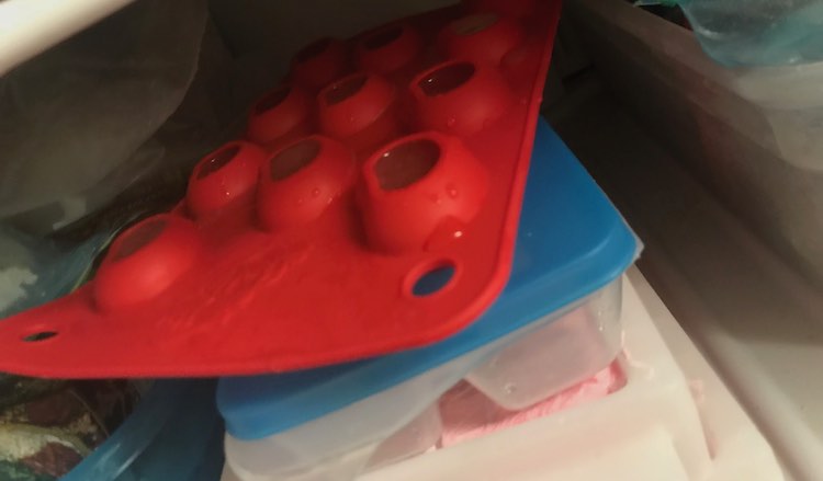 The stack of ice cube trays sitting in the freezer. Top is the jellybean mould, then the closed top ice cube tray, and then finally two white plastic moulds with oobleck frozen inside. 
