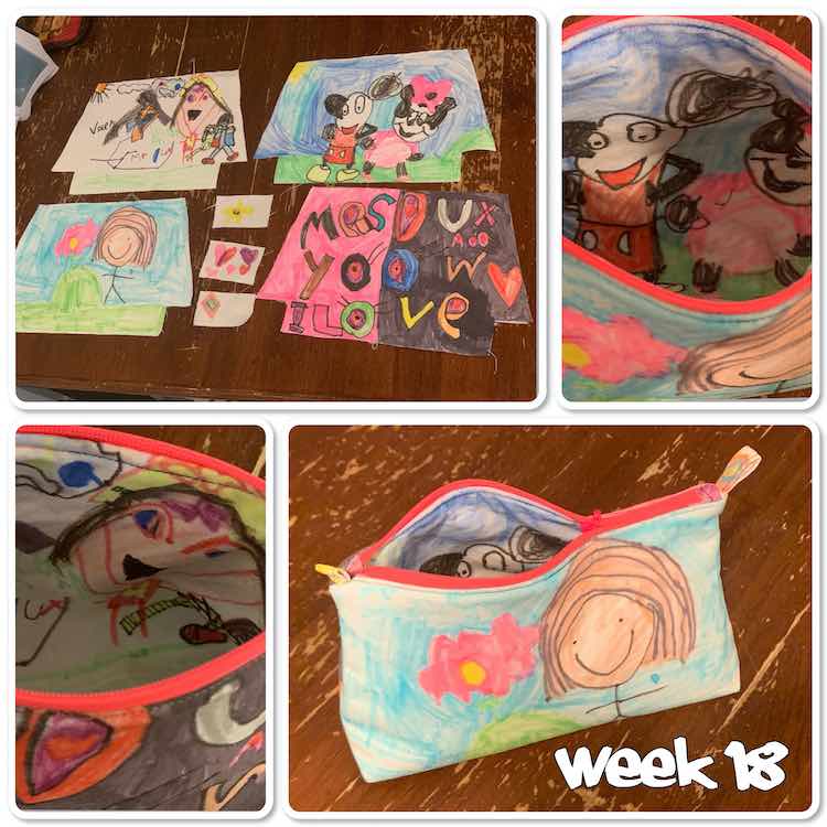 Image is a collage of four photos of a colorful pencil pouch with the words "week 18" at the bottom in white. The top right image shows all the pattern pieces cut out. The bottom right image shows the finished pouch halfway open. The last two images shows the inside once it was sewn together.