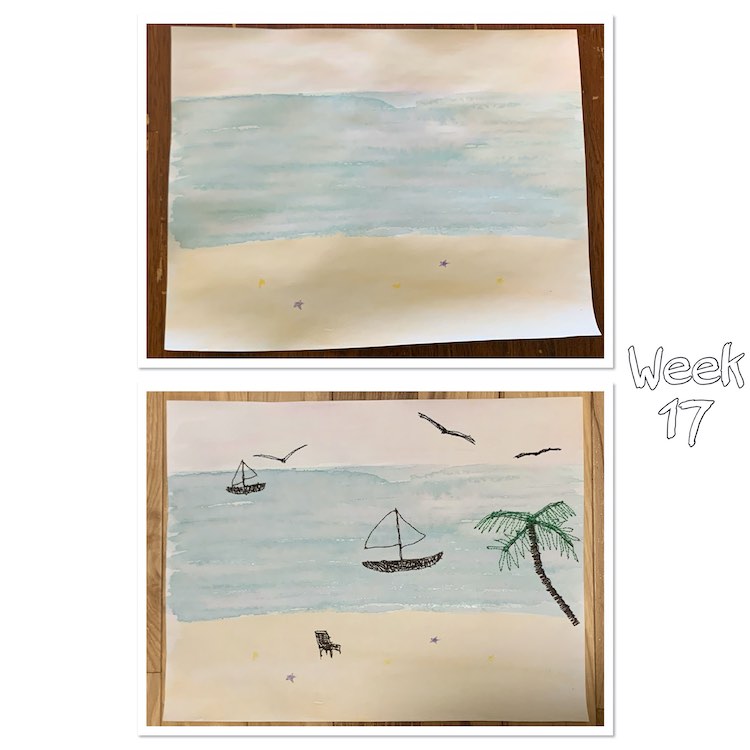 Image shows to photos one above the other both bordered in white with a shadow. To the right is outlined white text saying "week 17". The top image shows the water colored paper while the bottom image shows the same paper after I took the thread to it. 