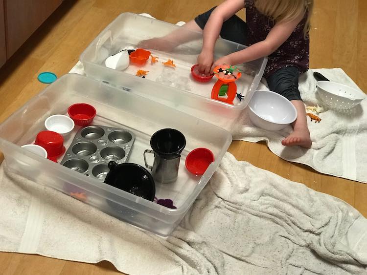 Two bins side by side filled with Dollar Tree kitchen items. Underneath are towels now soaked through in places while Ada sits behind the back one playing with ice. 