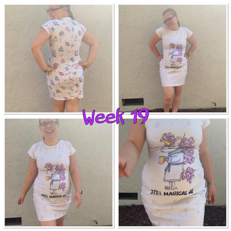Image shows a grid of four images with the words "week 19" in purple over the center. All four images shows me in a fitted nightgown tee.