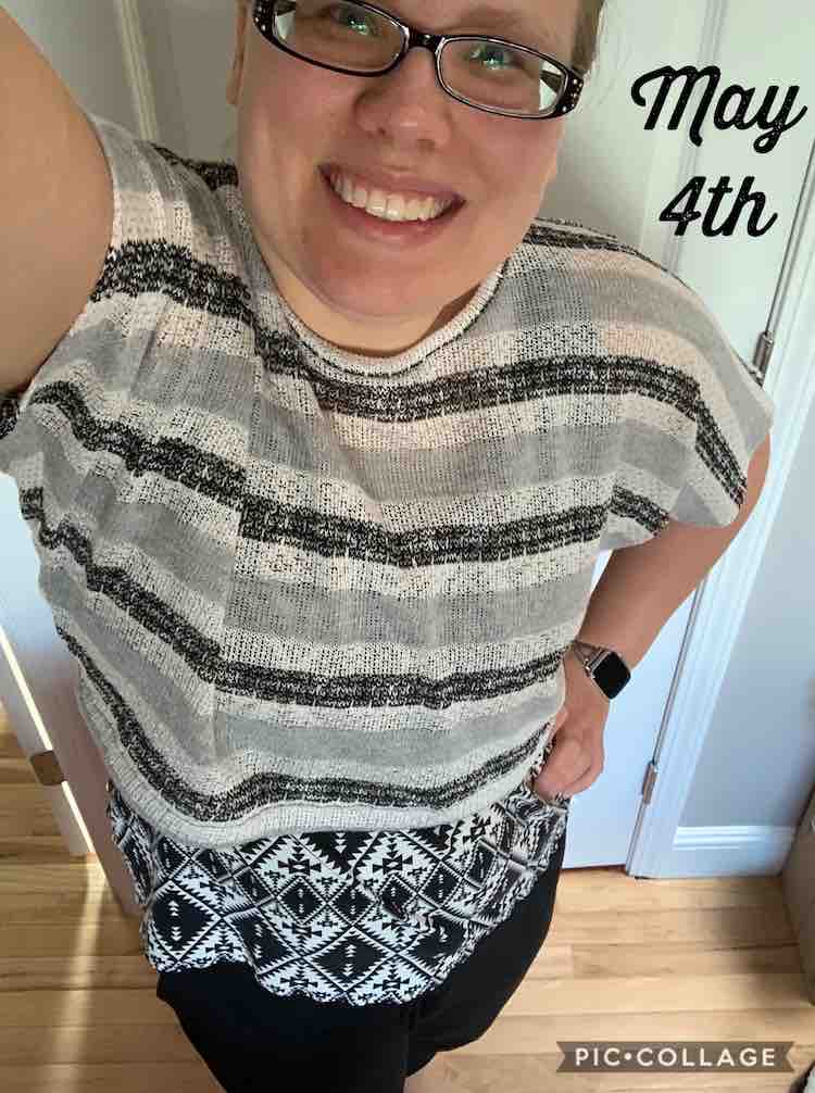 Selfie picture take from above looking down. I stand in front of a white door wearing black pants, partially viewed, and my me-made tops. I have a loose knit short sleeved crop top over top of a black and white patterned camisole, visible from the bottom. Beside my smiling head there's black font saying 'May 4th'.