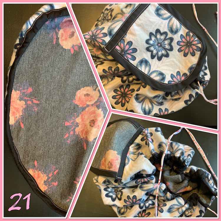 Image shows a collage of three views of the flowered knit drawstring pouch with a pink "week 21" at the bottom.