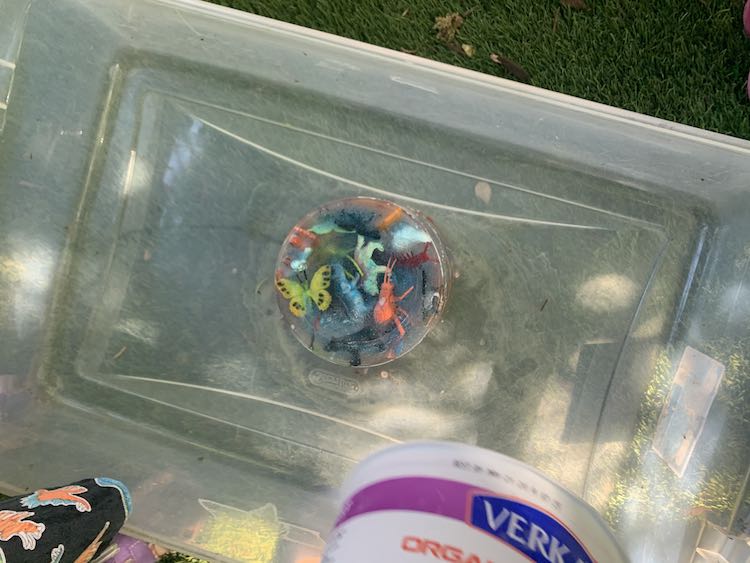 The bottom of the photo shows the upside down container and a part of Ada's skirt. The bin takes up most of the photo with the upside down ice centered inside. 