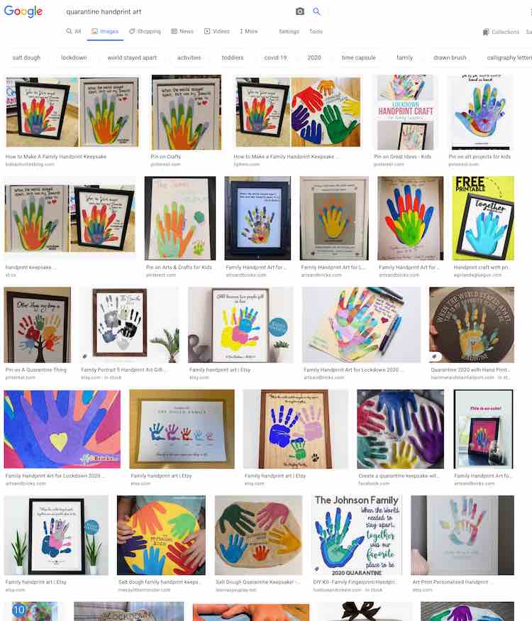 Grid of 29 images from the Google search results all showing different versions of handprint family art. Most of these are for the Covid-19 shelter-in-place. 