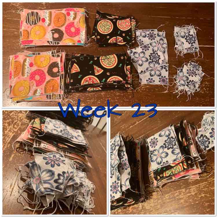 Image shows a collage of three views of the snuggle flannel napkins and makeup wipes. Overlaid in the center the text says "week 23". There are a few grey flowered napkins but most are a combination of rectangular and square donuts on pink and pizzas on black.
