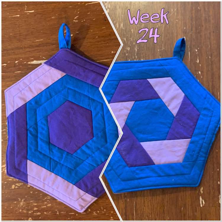 Image shows two photos side by side showing the potholder. The left image shows a purple center, blue in the middle, and alternating strips of lavender and eggplant around the outside. The right image shows a reverse with blue in the center and outer row and alternating lavender and eggplant in the middle. Above the right image it says "week 24" in lavender.